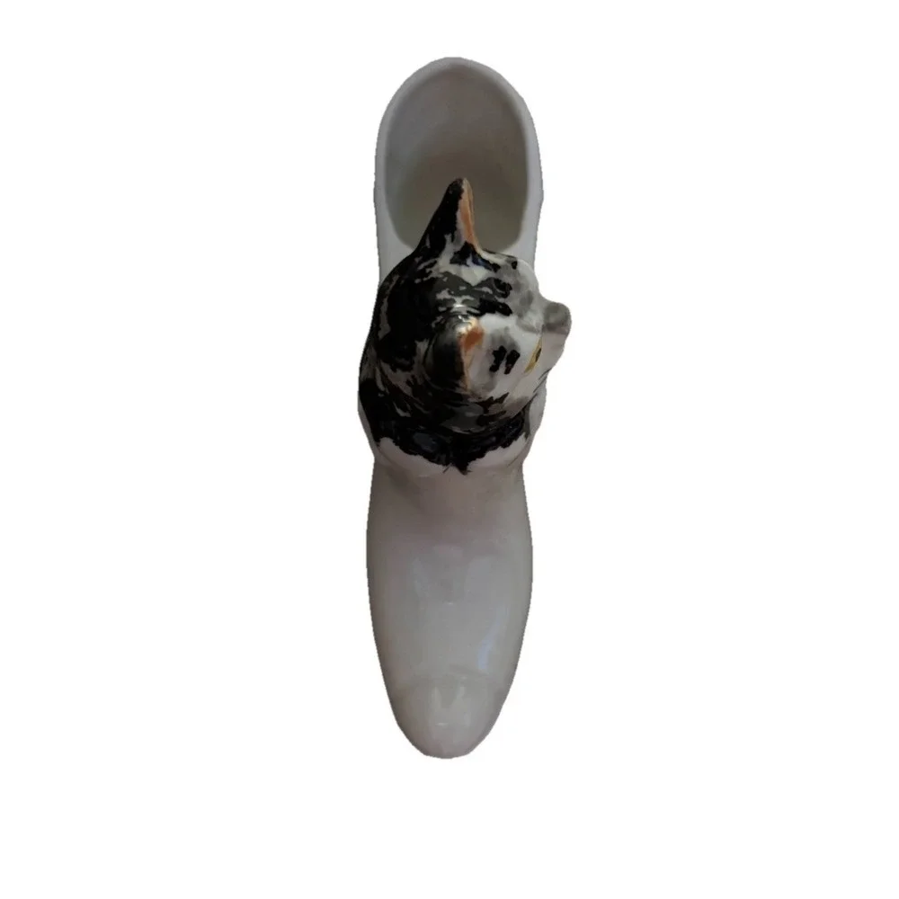 Vintage Ceramic Cat in Boot Planter Vase Black White Kitty Floral Decor